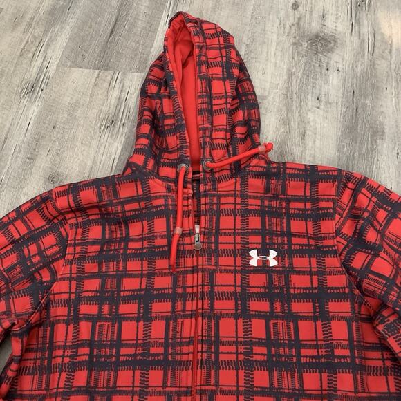 UNDER ARMOUR Hoodie Mens Size Large Loose Red Black Plaid Full Zip Sweatshirt - Picture 1 of 6